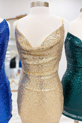 Misshow Spaghetti Straps Golden Bodycon Short Homecoming Dress/Mini Dress with Sequins